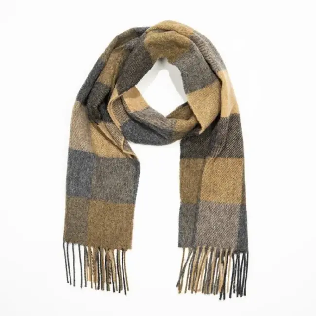 John Hanly Irish Wool Scarf Short Grey Beige Black Check 