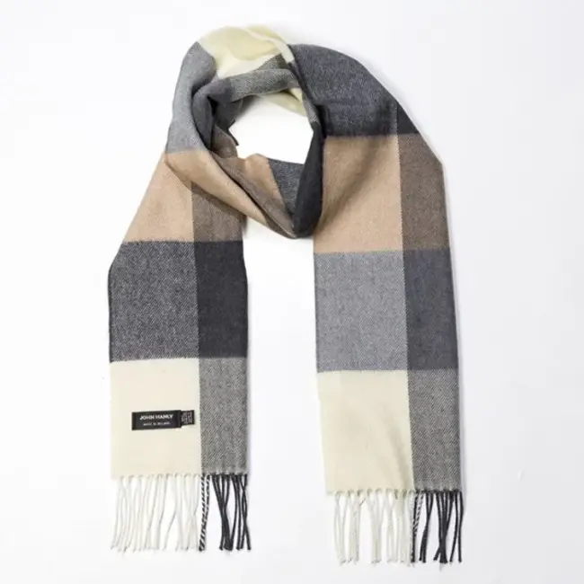 John Hanly Merino Luxury Wool Scarf Cream Brown & Black Block Check