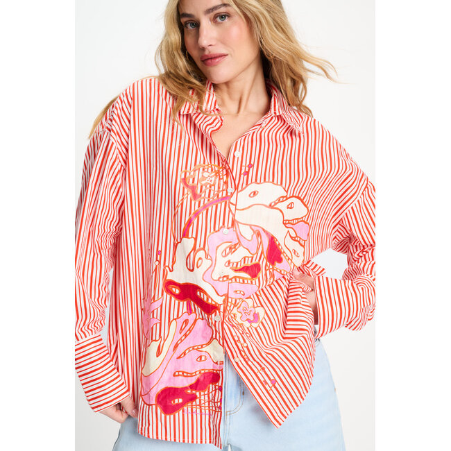 Pom Amsterdam BLOUSE - Poplin Striped Orange Multi colour