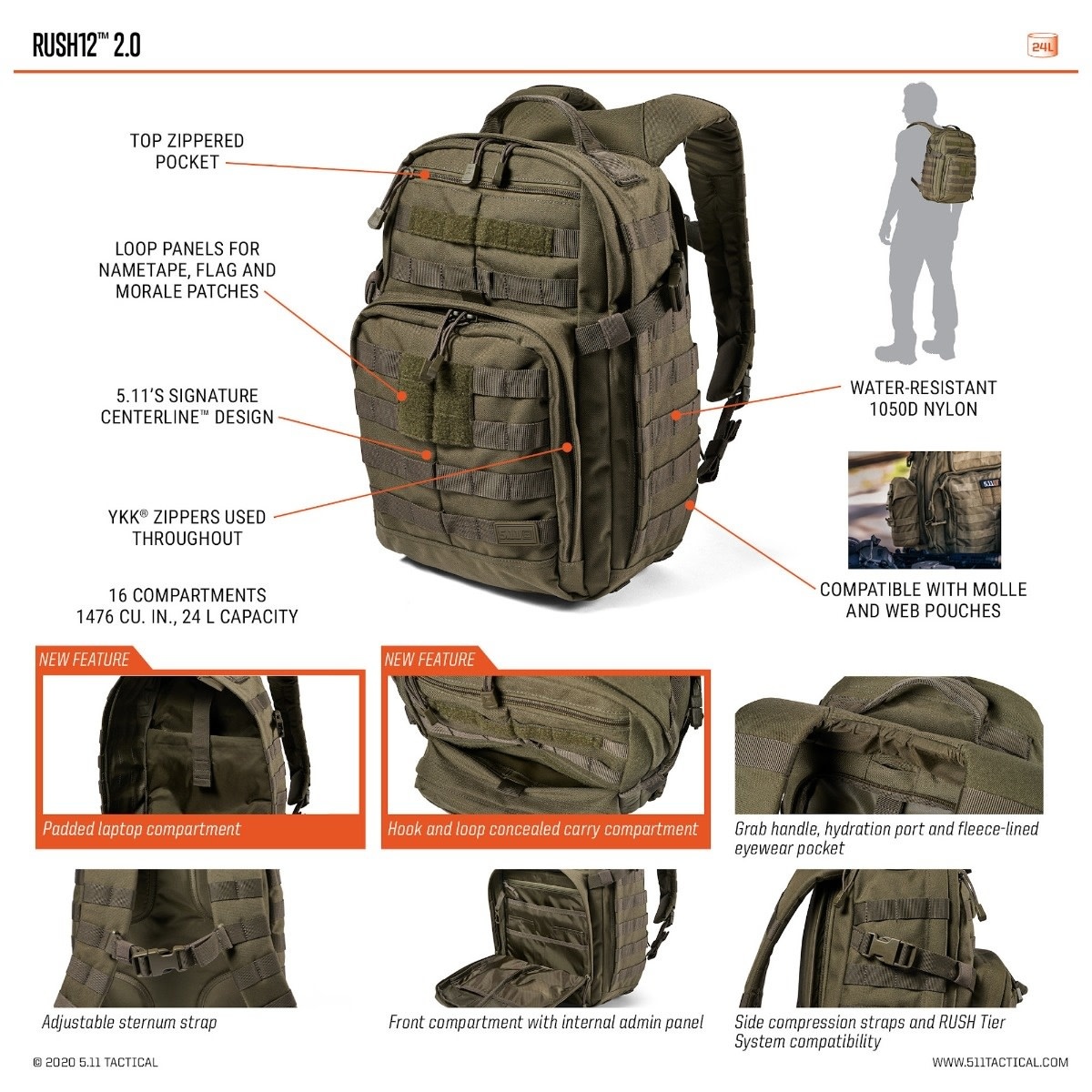 5.11 Tactical RUSH12 2.0 Rugzak (24L) Zwart