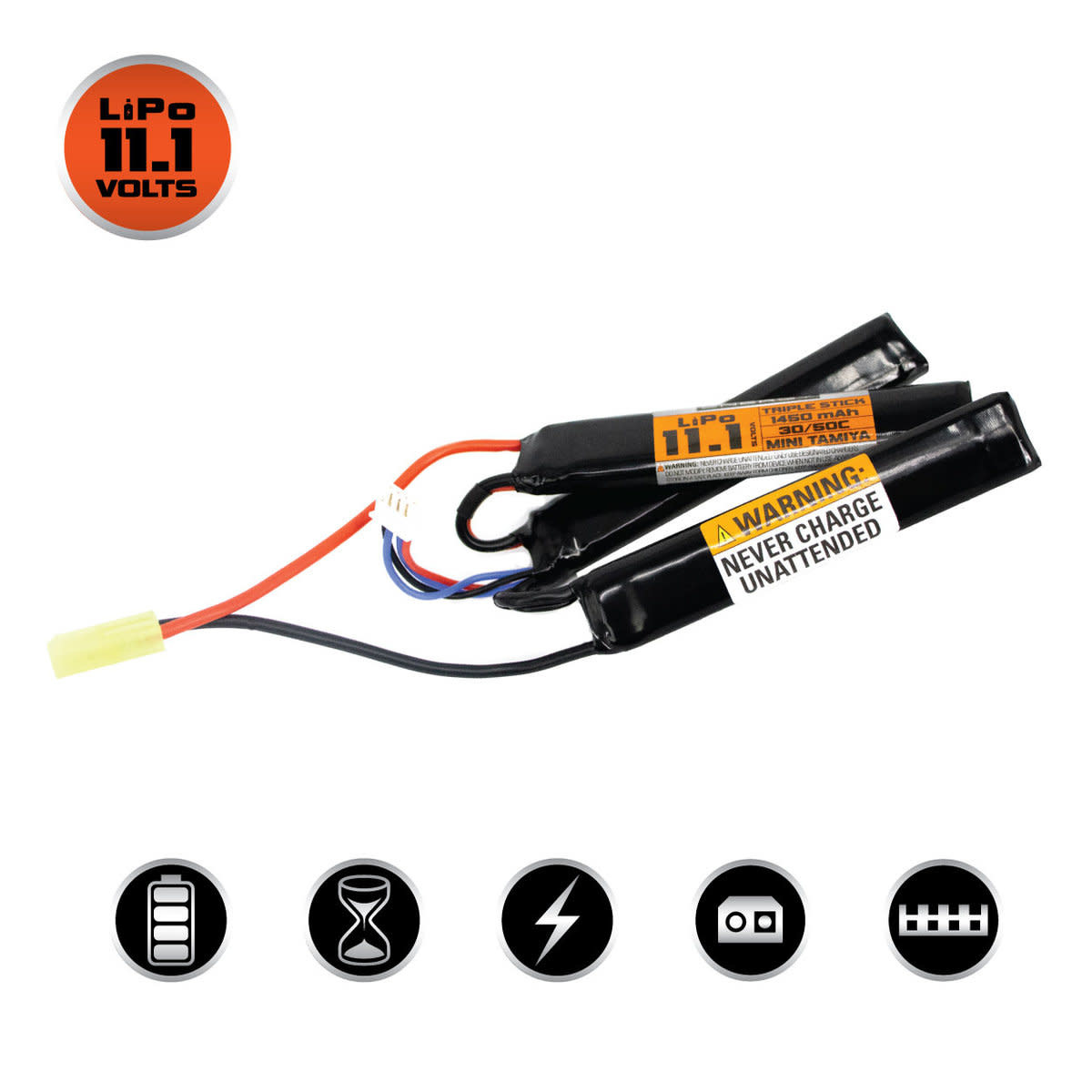 Valken Valken LiPo 11.1v 1450mAh 30/50C Triple Split (Small Tamiya)