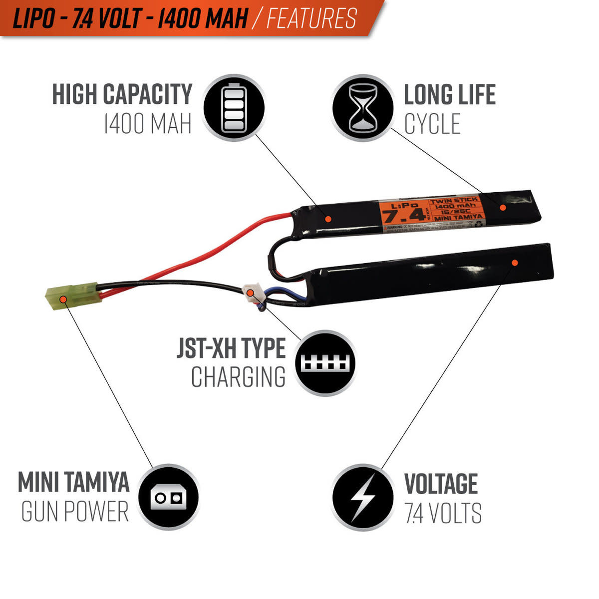 Valken Valken LiPo 7.4V 1400mAh 25C Split Airsoft Battery (Small Tamiya)