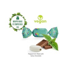 Sweet in white wrapper filled compostable foil Vegan