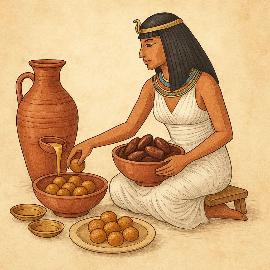 “Illustratie van Egyptische honing- en dadelsnoepjes met Griekse en Romeinse lekkernijen