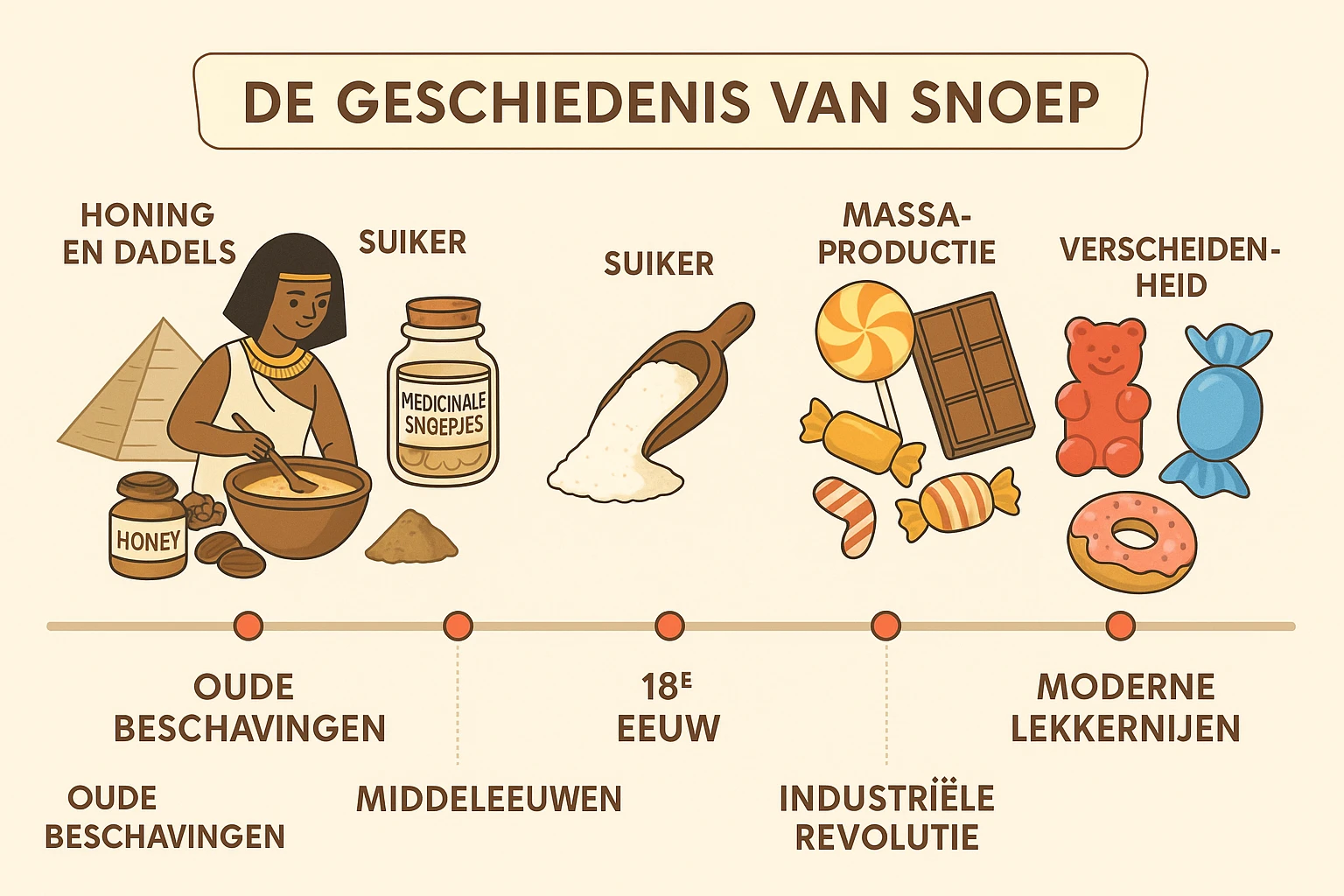 Tijdlijn van snoep: middeleeuwse apotheker, industriële fabriek en moderne snoepwinkel