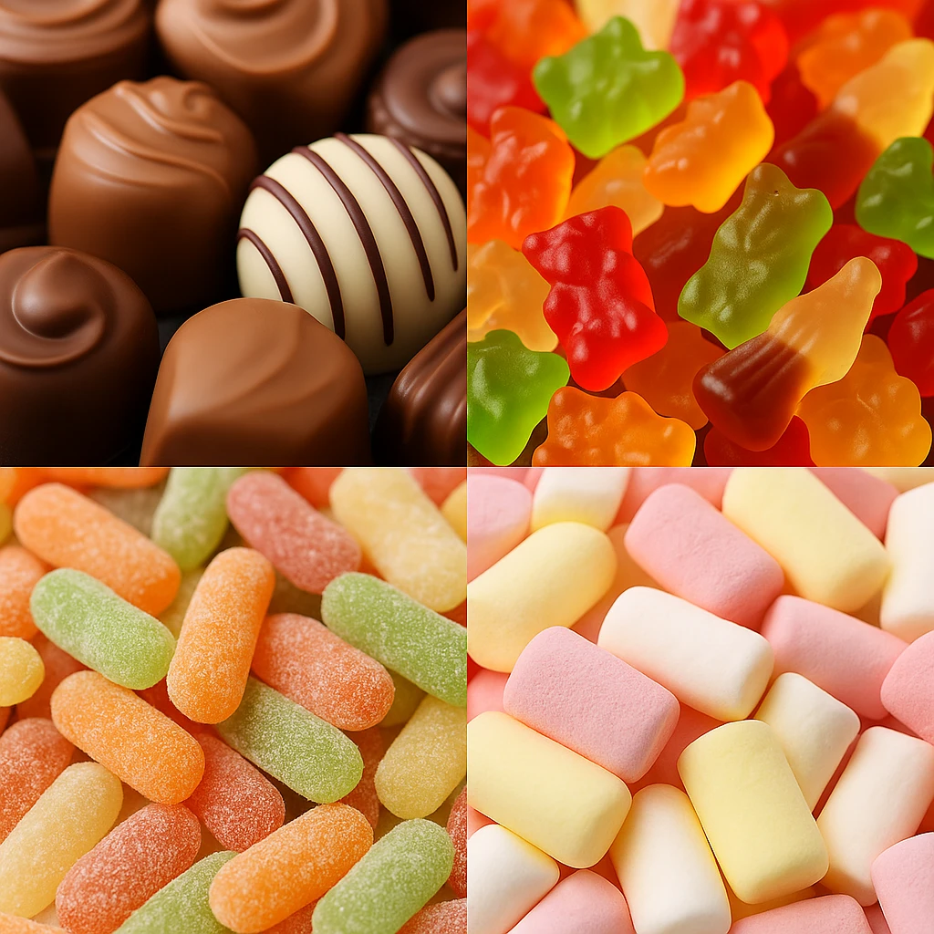 Collage van verschillende soorten snoep zoals chocolade, gommen, zuurtjes en marshmallows
