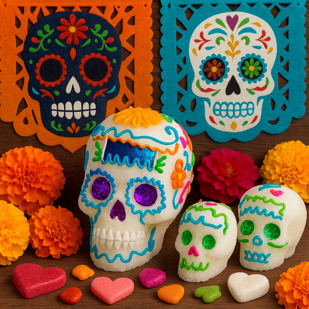 Kleurrijke Mexicaanse suiker schedels versierd voor Día de los Muertos