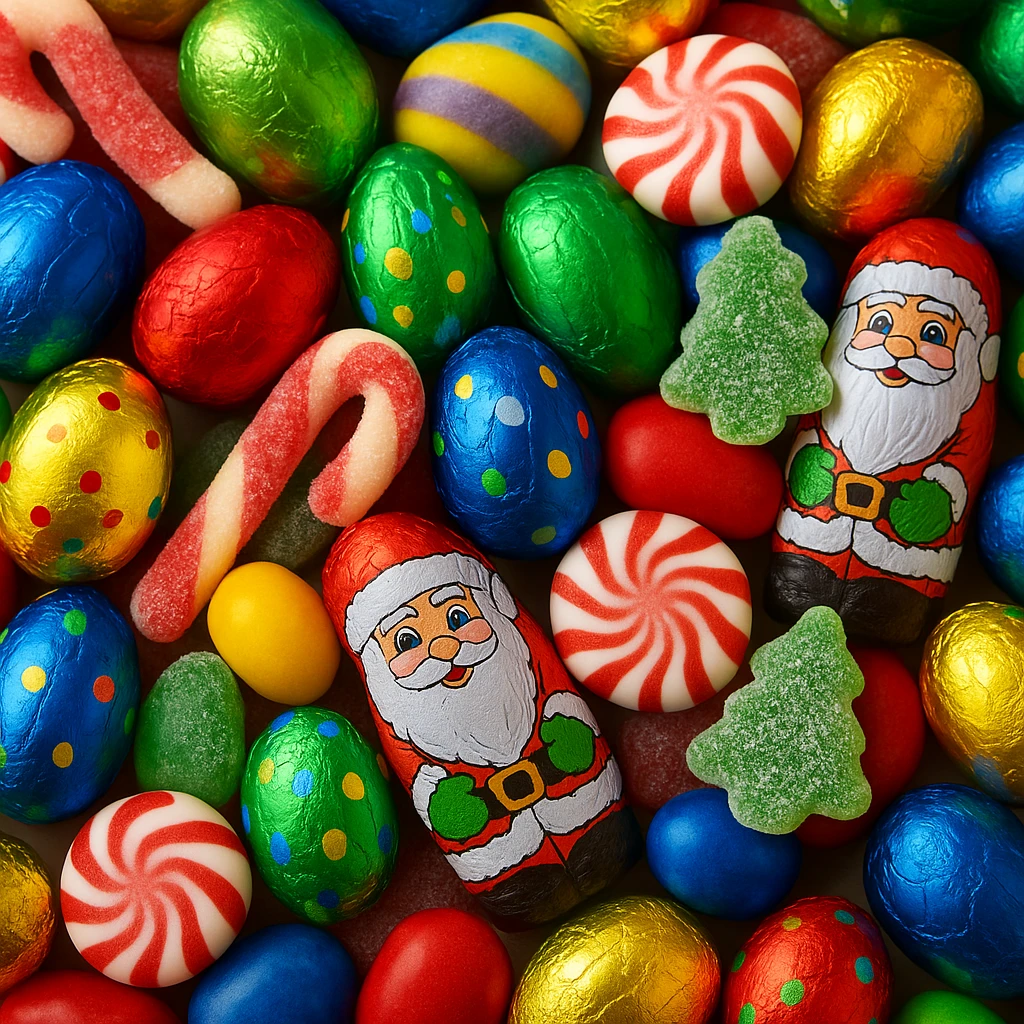 Paaseitjes in kleurrijke folie naast klassieke kerst zuurstokken en chocoladefiguren