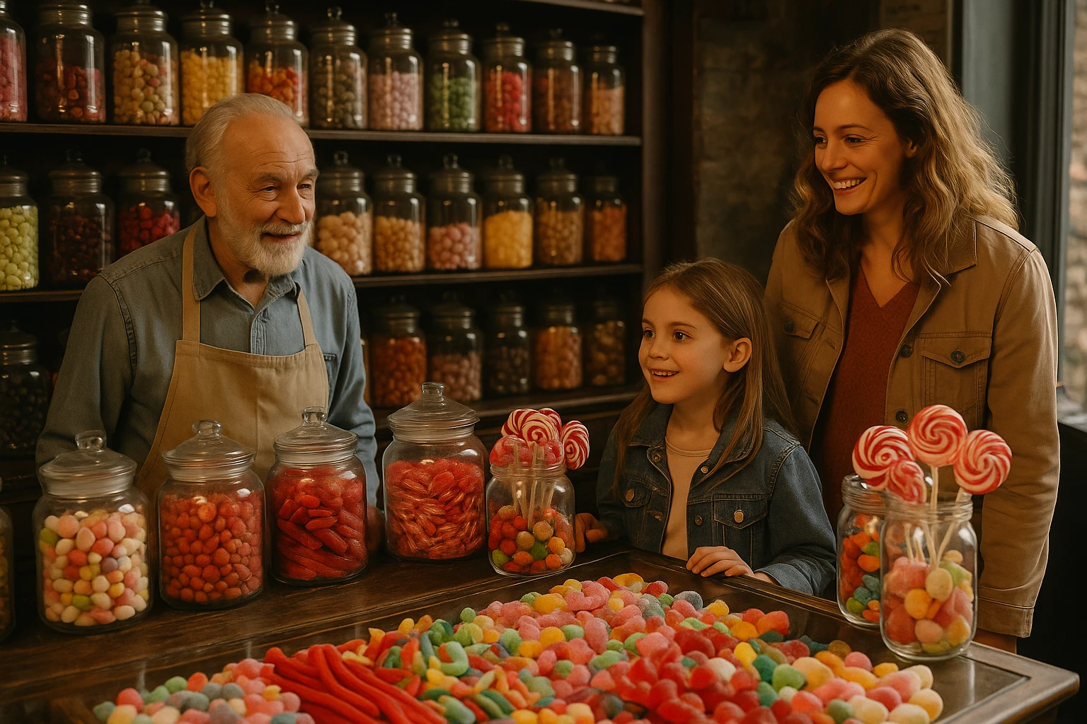 Nostalgische snoepwinkel met glazen potten en kinderen die snoep uitkiezen