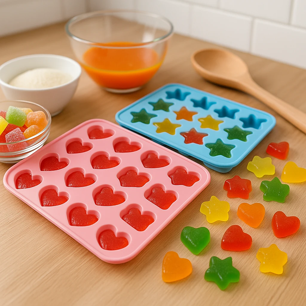 Keukenscène waar snoep in siliconen vormpjes wordt gemaakt met honing en fruit”