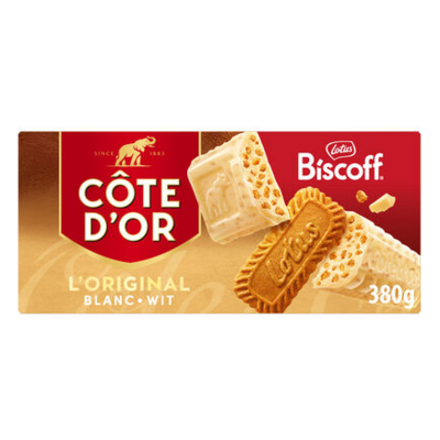 Verwen jezelf met een côte d'or biscoff witte chocolade reep!