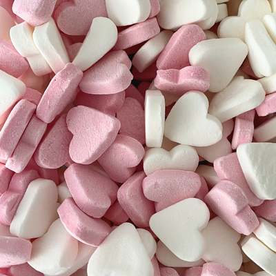 Mini roos-witte Vruchtenhartjes online per kilo bestellen