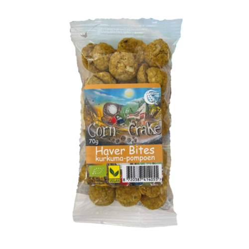Corn Crake Haver Bites Kurkuma & Pompoen Biologisch - Glutenvrij Corn Crake Haver Bites Kurkuma & Pompoen Biologisch - Glutenvrij