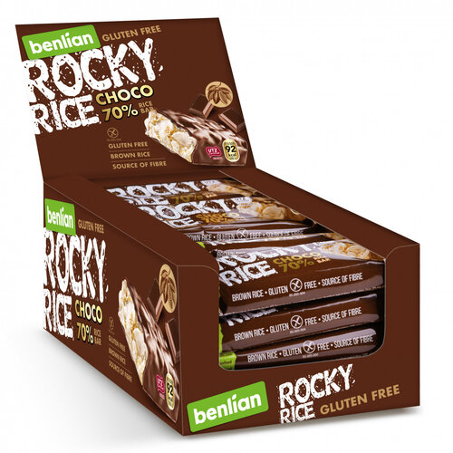 Benlian Rocky Rice Choco 70% Bar Doos 20 Stuks - Glutenvrij Benlian Rocky Rice Choco 70% Bar Doos 20 Stuks - Glutenvrij