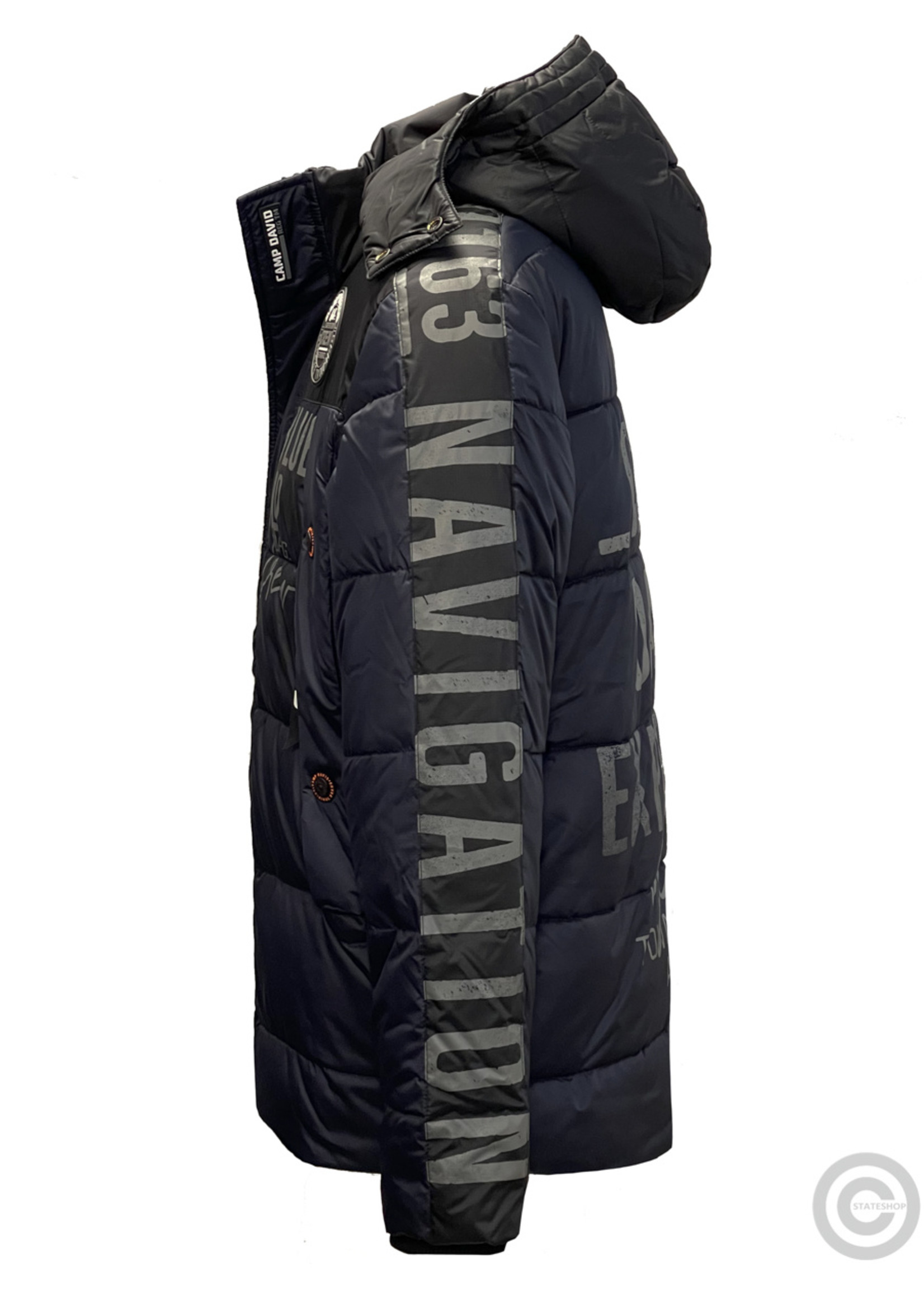 Camp David  Camp David, long quilted jacket with print on the sleeves and on the back