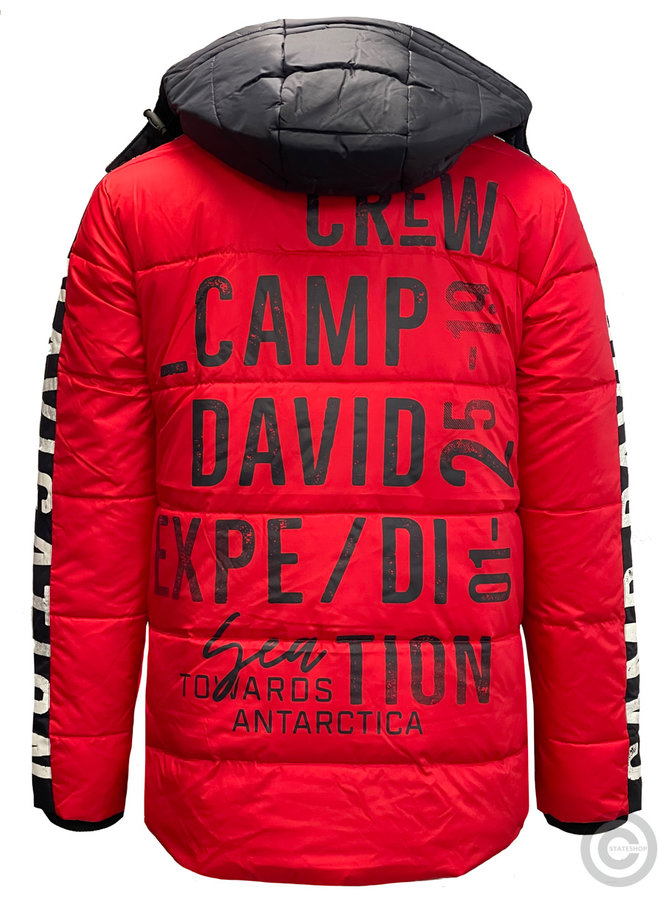 Camp David, long quilted jacket with print on the sleeves and on the back