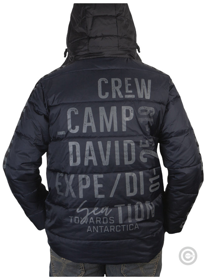Camp David, long quilted jacket with print on the sleeves and on the back