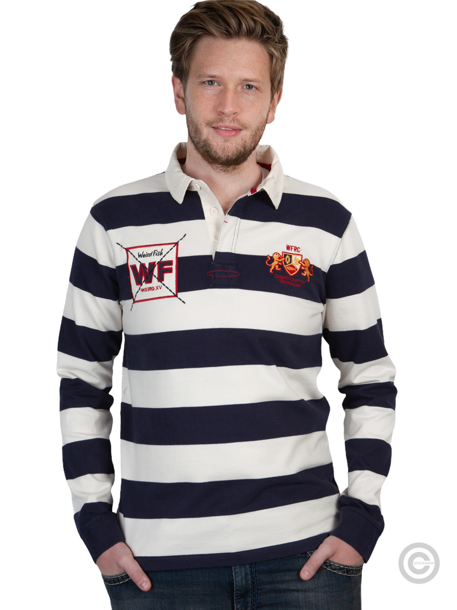 Weird Fish Leigh Organic Cotton Striped Rugby Shirt Navy Size L