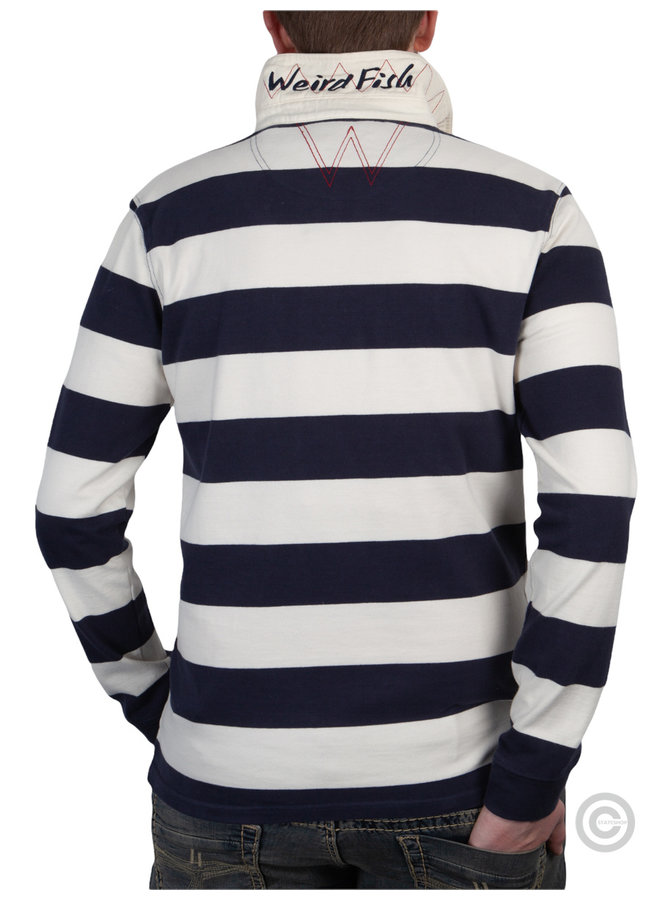 Weirdfish Organic Cotton Striped Rugby Shirt, Navy
