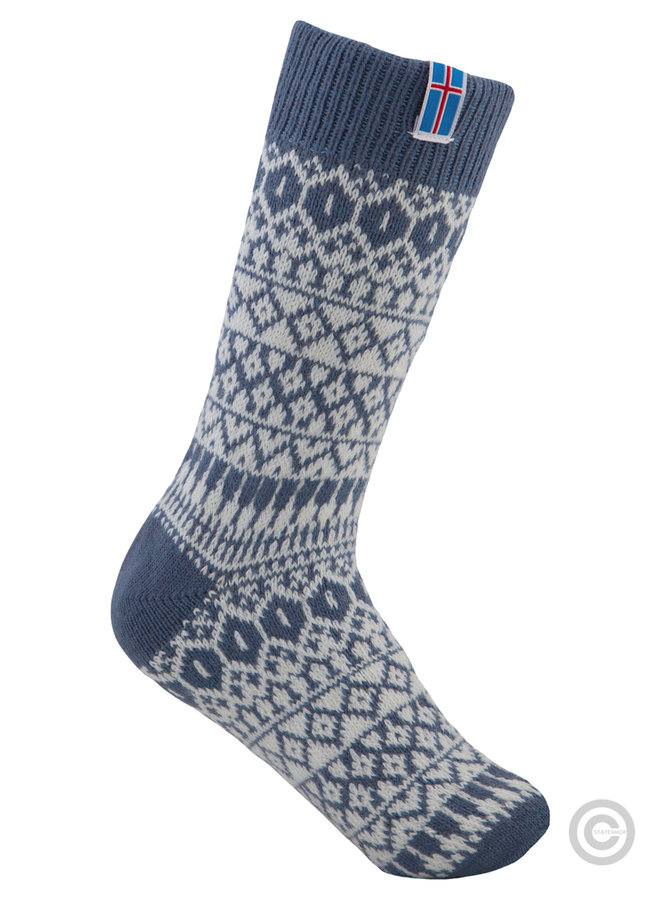 Norwegian wool socks with a small woven Åland flag, grey/blue