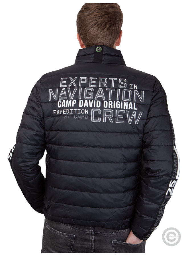 Camp David, schwarze Steppjacke mit Logobändern und Artwork