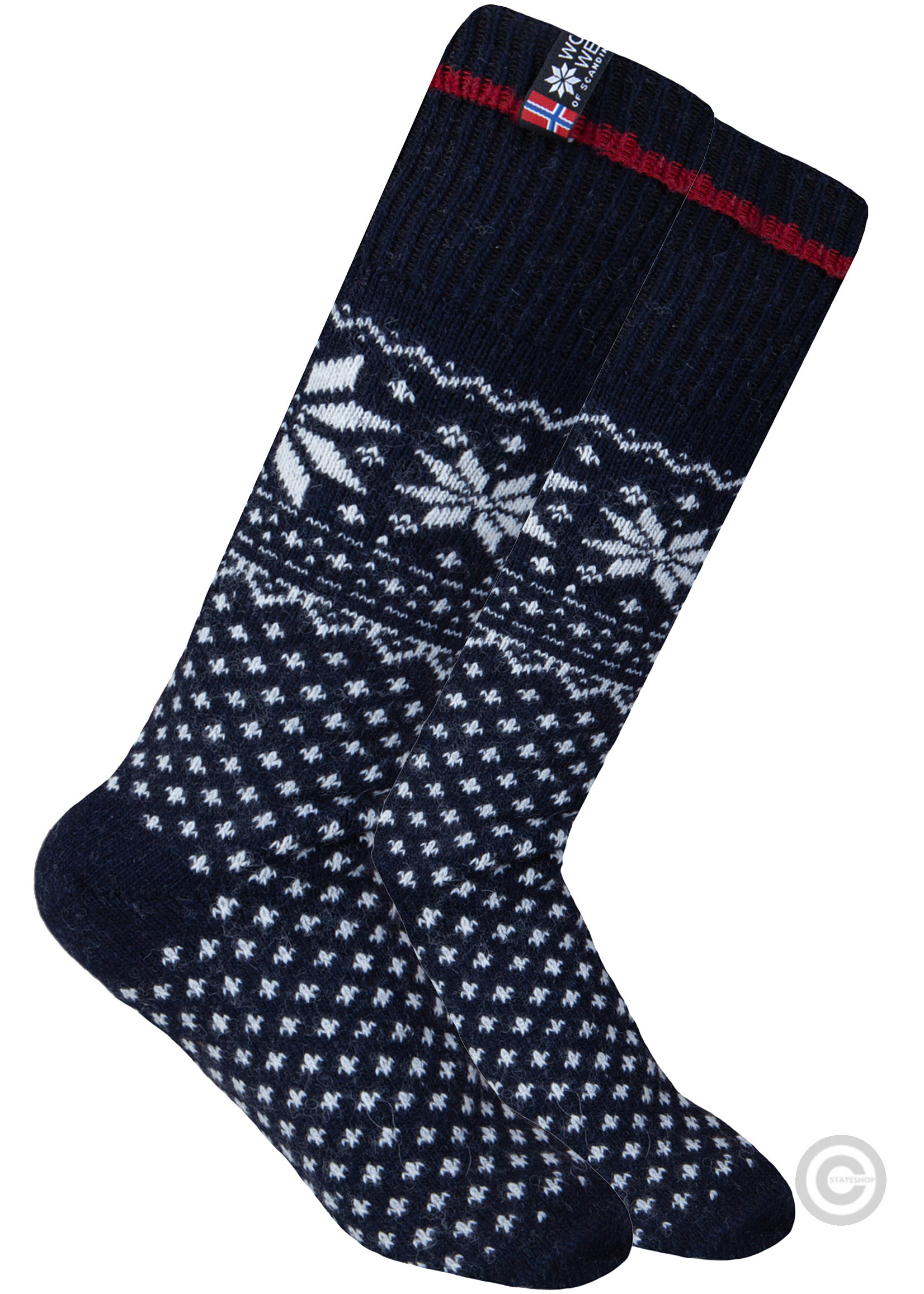 Norfinde Lange wollen sokken met een Noors design, donkerblauw
