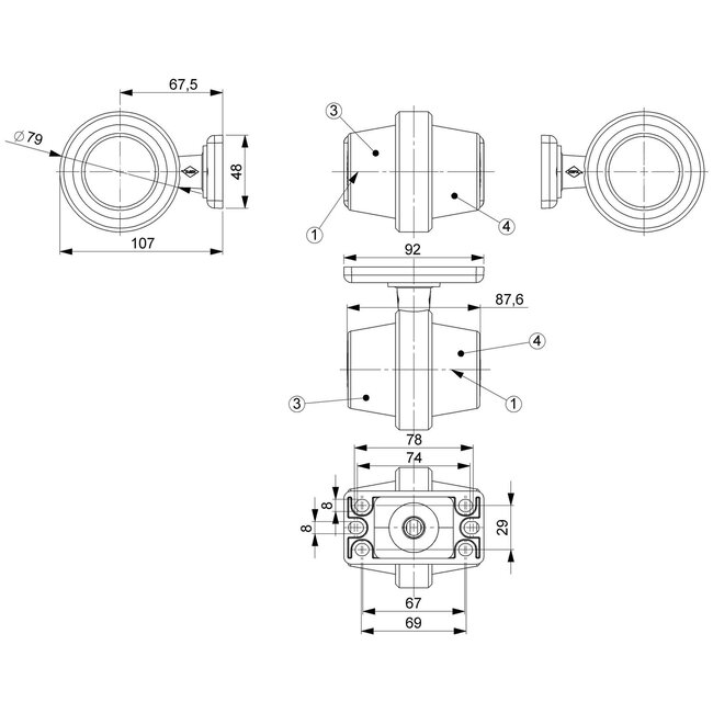 LED Zweedse positielamp | korte steel | matte lens | 12-24v | MB-1020RW
