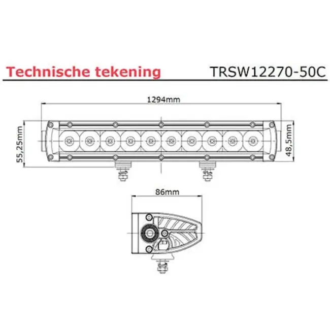Barra LED Tralert | 250 vatios | 24.900 lúmenes | 9-30V | 40 cm de cable | Conector Deutsch | TRSW12270-50C