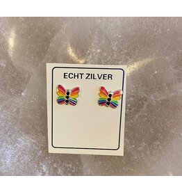 Vlinder oorbel regenboog zilver (oorsteker)