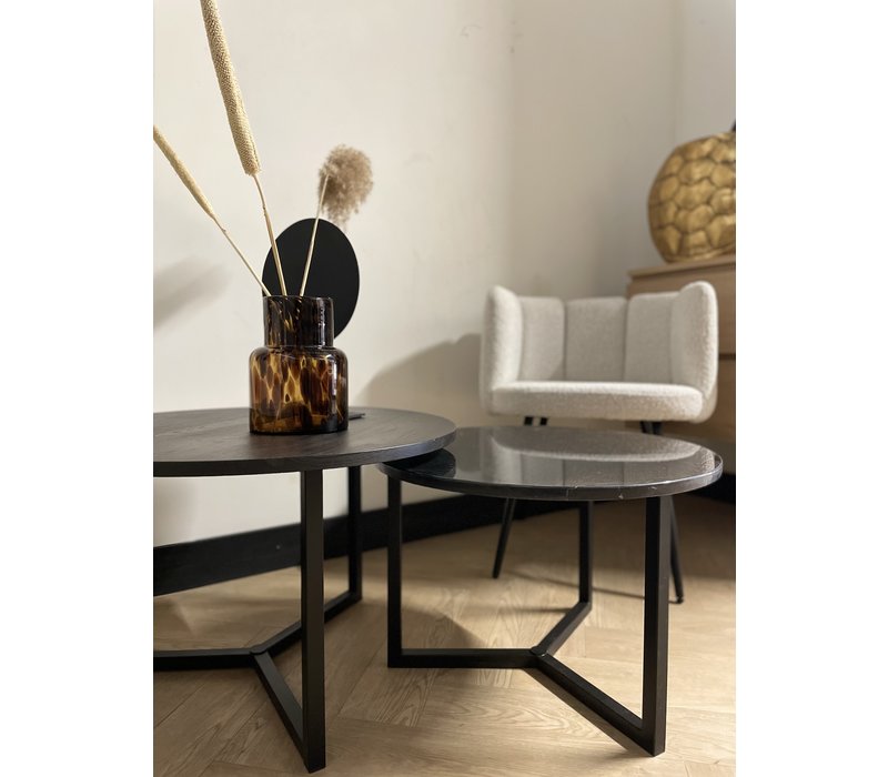 Salontafel set marmer/zwart eiken rond - Nero Marquina