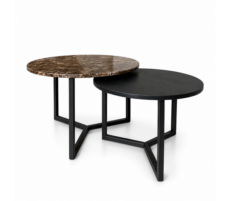 Salontafel set marmer/zwart eiken rond - diverse kleuren