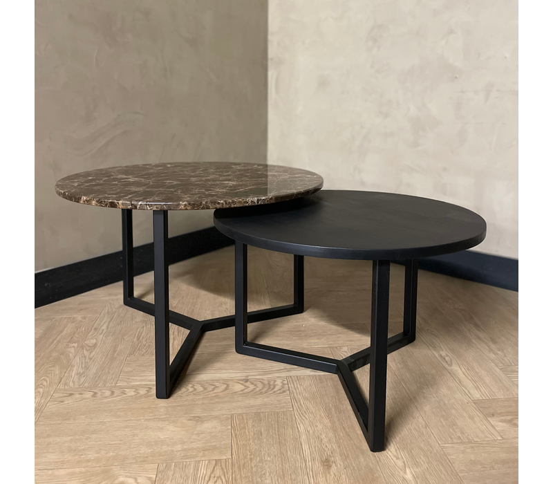 Salontafel set marmer/zwart eiken rond - diverse kleuren