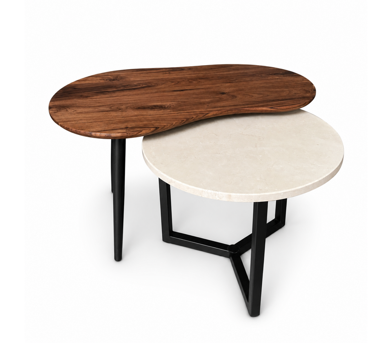 Organisch salontafel set Ylva - notenhout en marmer Crema Marfil