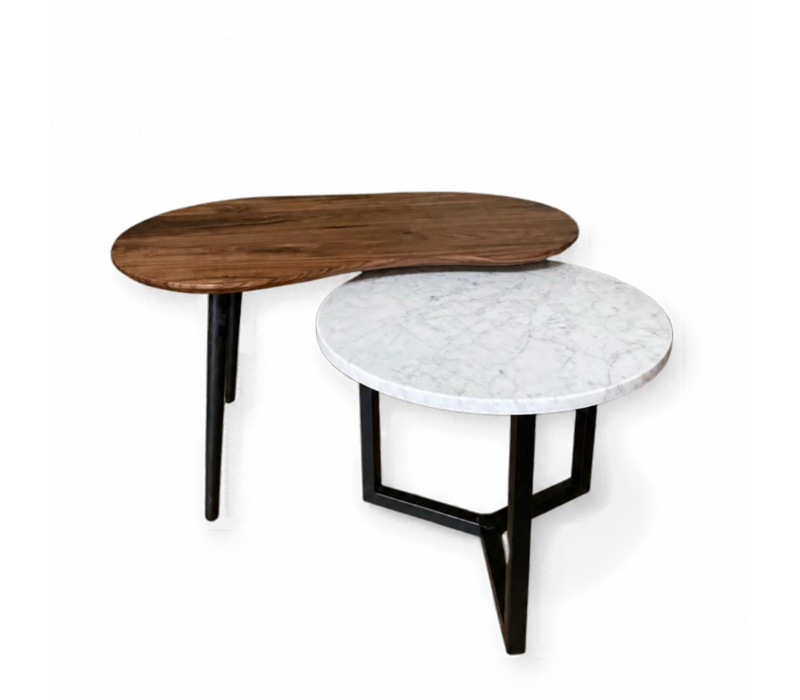 Organisch salontafel set Ylva - notenhout en marmer Carrara