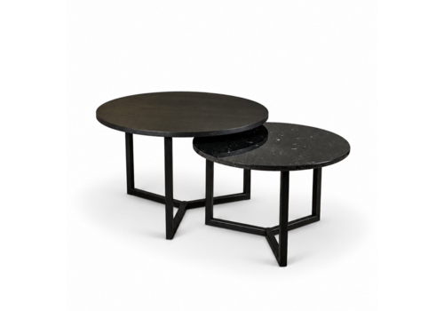 Robuust Interieur Salontafel set marmer/eiken rond - Nero Marquina