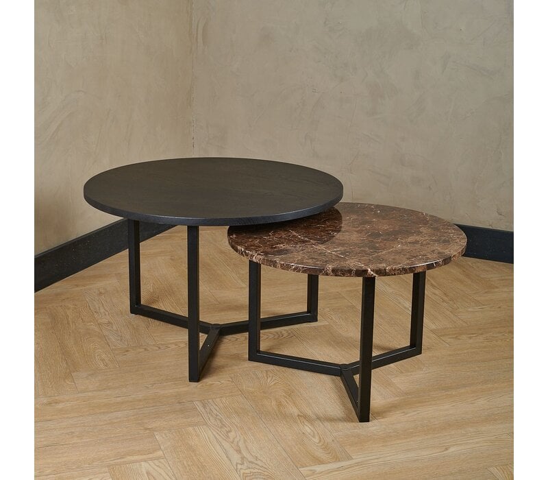 Salontafel set marmer/zwart eiken rond - Emperador