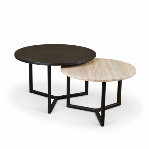 Salontafel set Travertin - Zwart eiken rond 