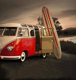 Red T1 VW with surf boards poster