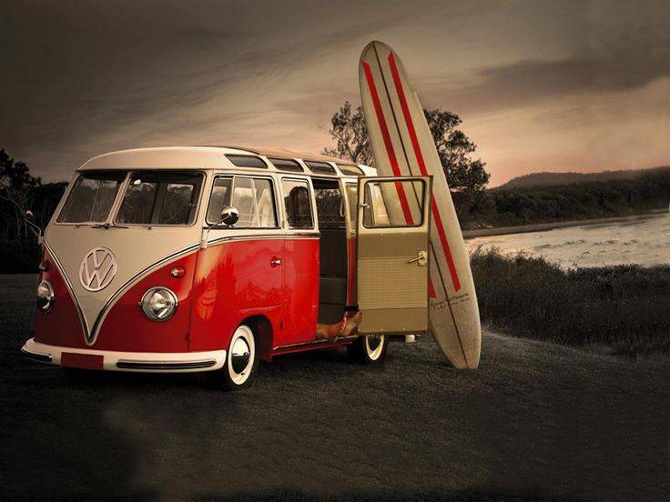 Red T1 VW with surf boards poster