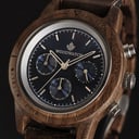 The CHRONUS Collection features a classic SEIKO VD54 chronograph movement, scratch resistant sapphire coated glass and stainless steel enforced strap links. The CHRONUS Sapphire Silver is made of American walnut wood and has a blue dial with silver detail