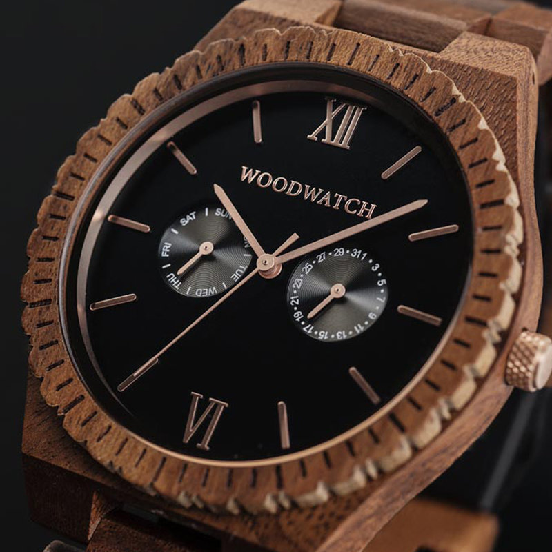 This premium designed watch combines natural wood type with a luxurious stainless steel dial and backplate. At the heart of the timepiece is a multi-function movement with two subdials featuring a week and month display. The GRAND Dark Orion is made of Ac