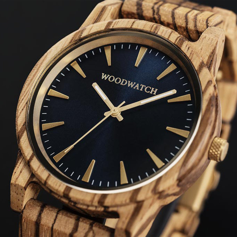 The Hyde Zebra features a modernized minimal dark blue dial with bold details in a 45mm case. A wrist essential combining natural wood with stainless steel and sapphire coated glass. The Hyde Zebra is handmade from natural Zebra wood from Central Africa.