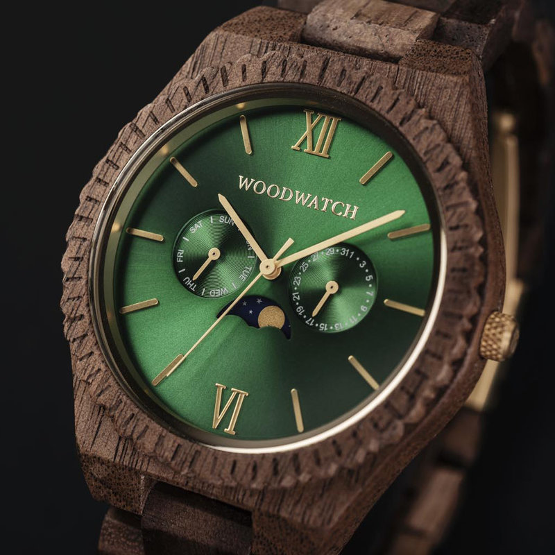 This premium designed watch with moon phase, combines unique walnut wood type with a luxurious stainless steel dial and backplate. At the heart of the timepiece comes an all new multi-function movement that includes two extra subdials featuring a week and