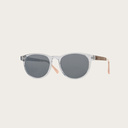 The ELLIPSE Clear Smoke features a characteristic rounded clear frame with grey smoke lenses Composed of durable Italian Mazzucchelli bio-acetate with hand-finished natural senna siamea wood temples and nude acetate tips. Bio-acetate is made from cotton a