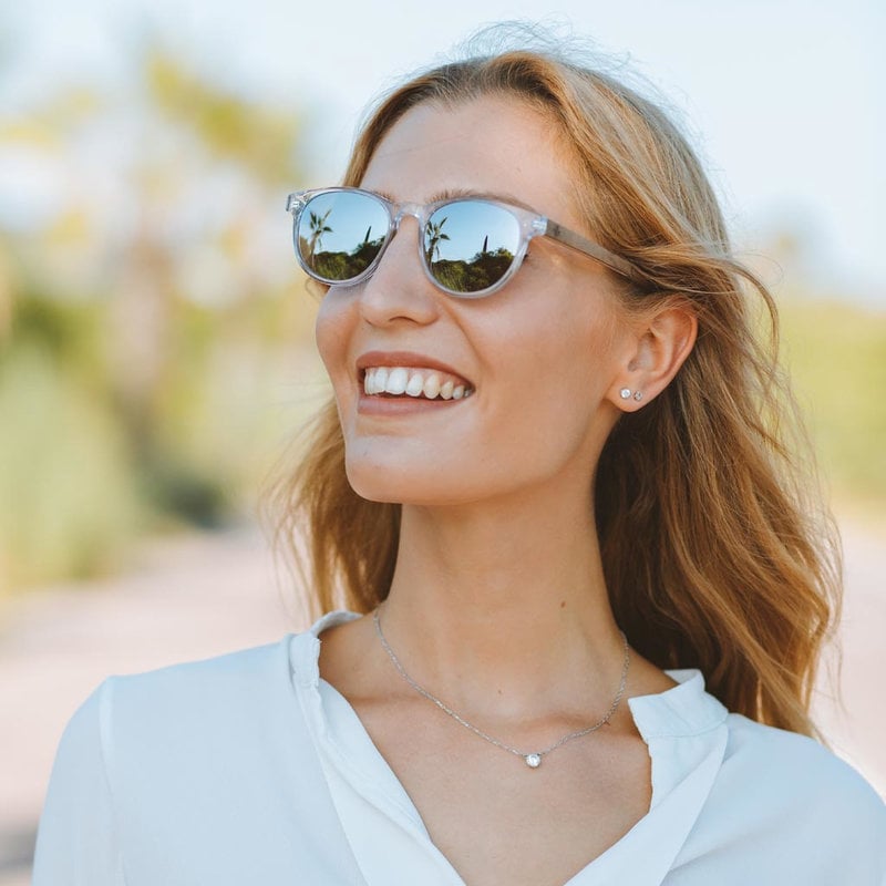 ELLIPSE Clear Smoke har en karakteristiskt avrundad klar båge med rökgrå linser. Gjorda av hållbart italienskt Mazzucchelli bio-acetat med handbehandlade naturliga skalmar av senna siamea-trä och nude-färgade ändar av acetat. Bioacetat är tillverkat av bo