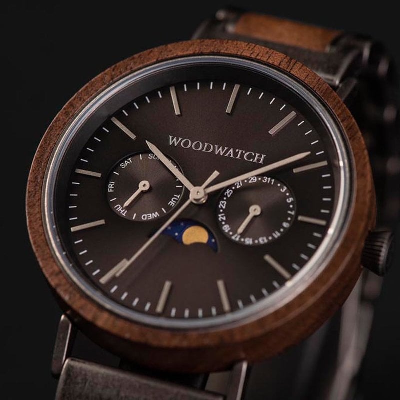The ELEMENT Collection is comprised of four unique designs in the WoodWatch range, showcasing a combination of 316 stainless steel and wood. The 41mm diameter Brushed Iron Walnut watch features our characteristic moonphase movement and two subdials to dis