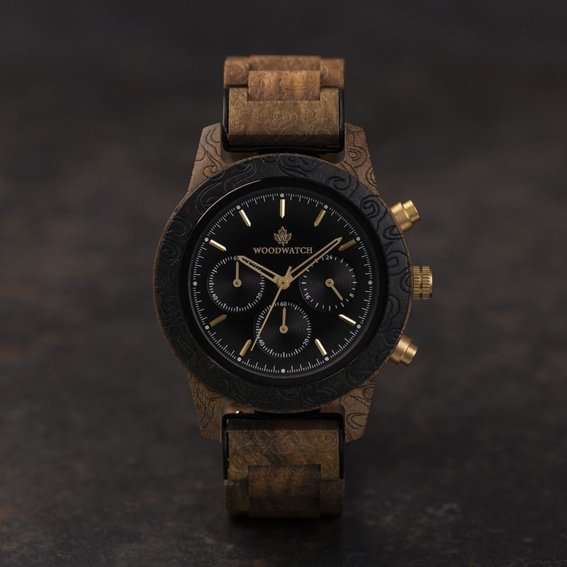 Now available in limited availability - our CHRONUS Engraved Special Edition. Made by hand from a unique combination of Sandalwood and Kosso Wood from Eastern Africa and featuring golden details. Only 100 pieces are available. Each watch is uniquely numbe