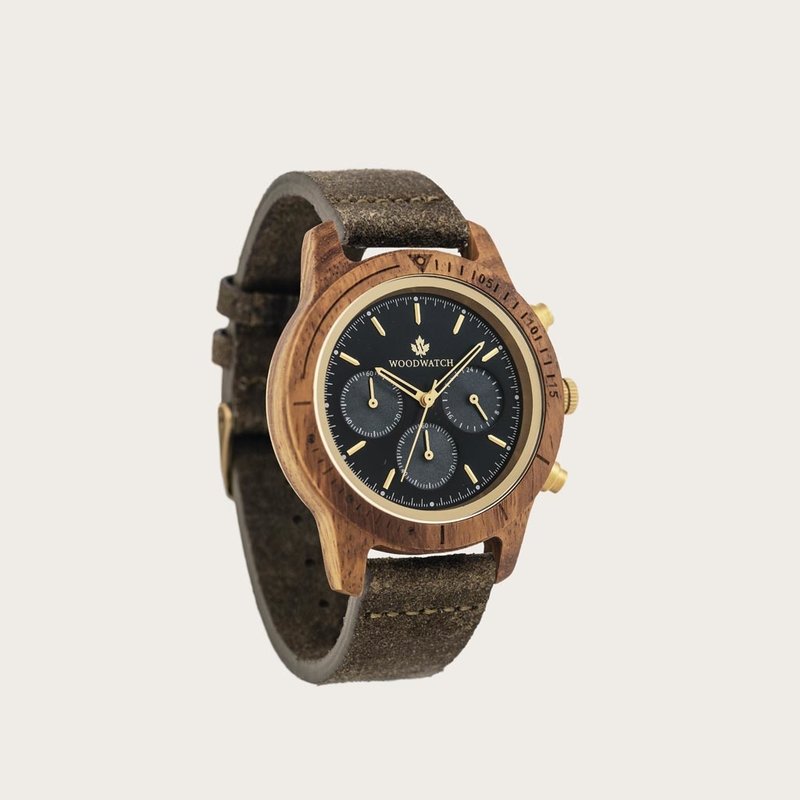 The CHRONUS Collection features a classic SEIKO VD54 chronograph movement, scratch resistant sapphire coated glass and stainless steel enforced strap links. The CHRONUS Deep Dive Khaki is made of Kosso Wood from East Africa, and features a blue dial. The