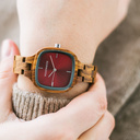 The CITY Vivid features a 30mm square case with a red dial. The watch band consists of natural kosso wood that has been hand-finished to perfection and to create our latest small-band design.