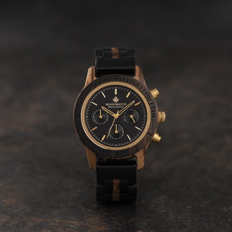 Now available in limited availability - our CHRONUS Special Edition. Made by hand from a unique combination of Ebony Wood from Eastern Africa and Zebrawood from Western Africa and featuring golden details. Only 100 pieces are available. Each watch is uniq